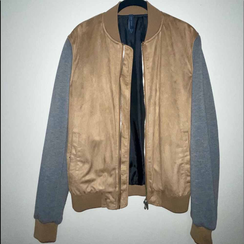 Zara men’s suede and jersey knit bomber jacket with pockets.